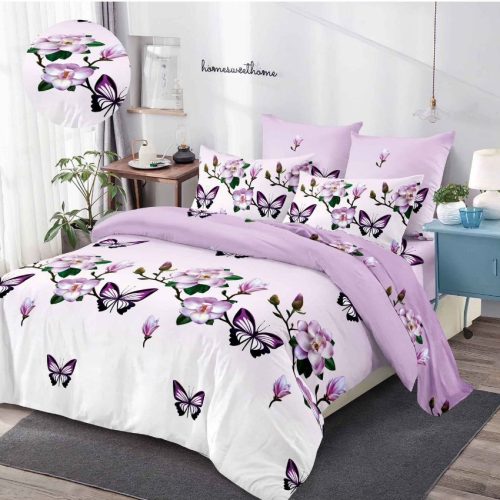 lenjerie alb lila cu flori si fluturasi