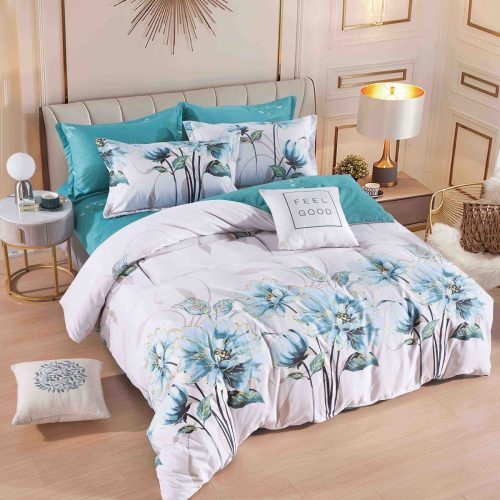 lenjerie alb turcoaz cu flori albastre