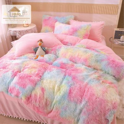 lenjerie fluffy multicolor degrade roz bleu galben