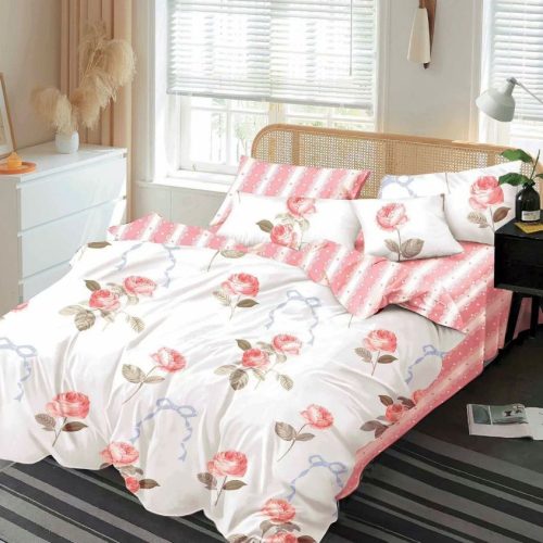 lenjerie alb roz cu trandafiri