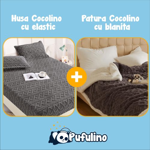 Set Patura cu blanita si husa de pat cocolino gri inchis
