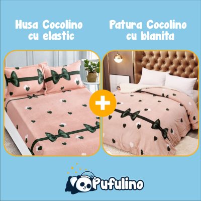 Set Patura cu blanita si husa de pat cocolino roz cu fundite