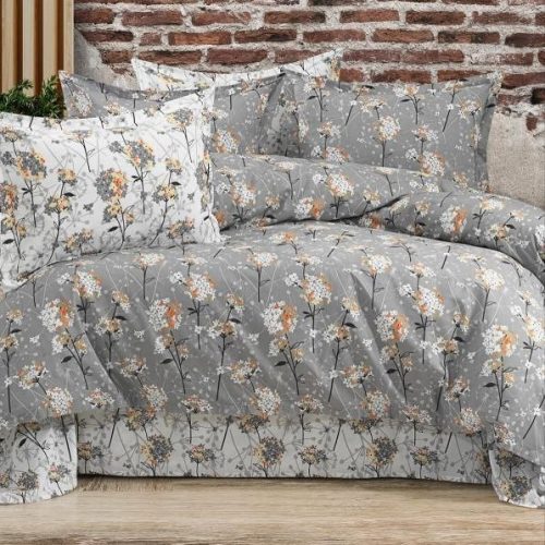 lenjerie bumbac ranforce gri cu floricele galbene