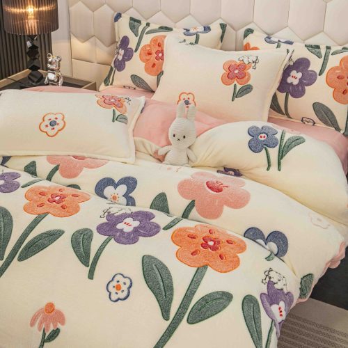 lenjerie cocolino cu elastic cu flori mari colorate - pat dublu