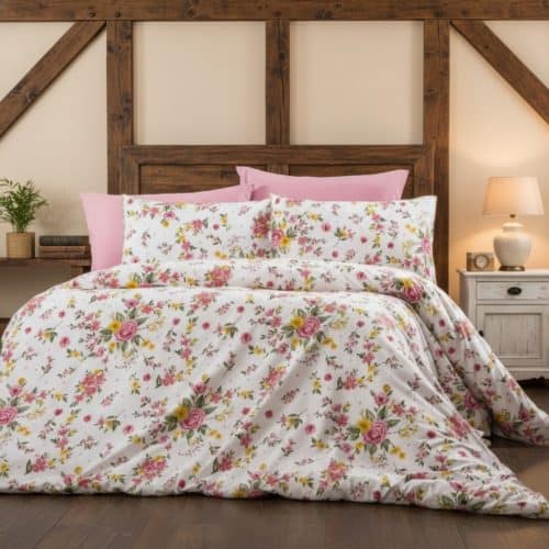 lenjerie de pat bumbac ranforce alba cu trandafiri roz