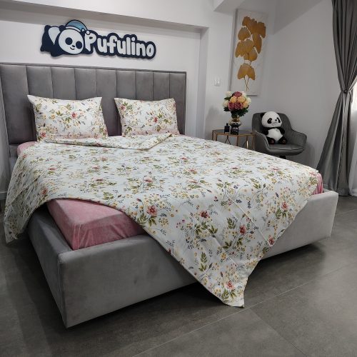 lenjerie de pat ranforce alba cu floricele roz