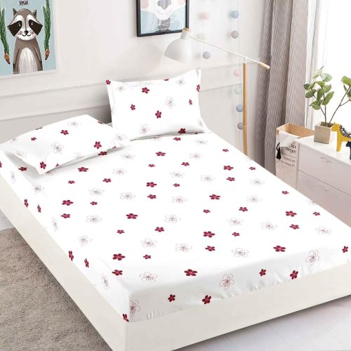 husa de pat alba cu floricele mov