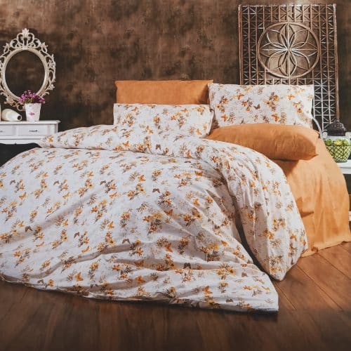 lenjerie de pat bumbac ranforce alba cu floricele portocalii