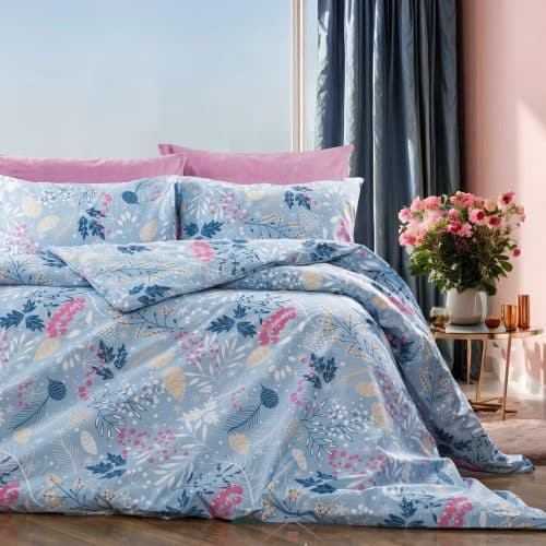 lenjerie de pat bumbac ranforce albastra cu flori