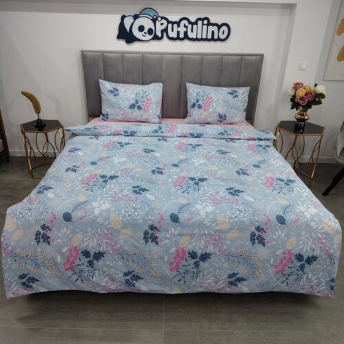 lenjerie de pat bumbac ranforce bleu cu floricele