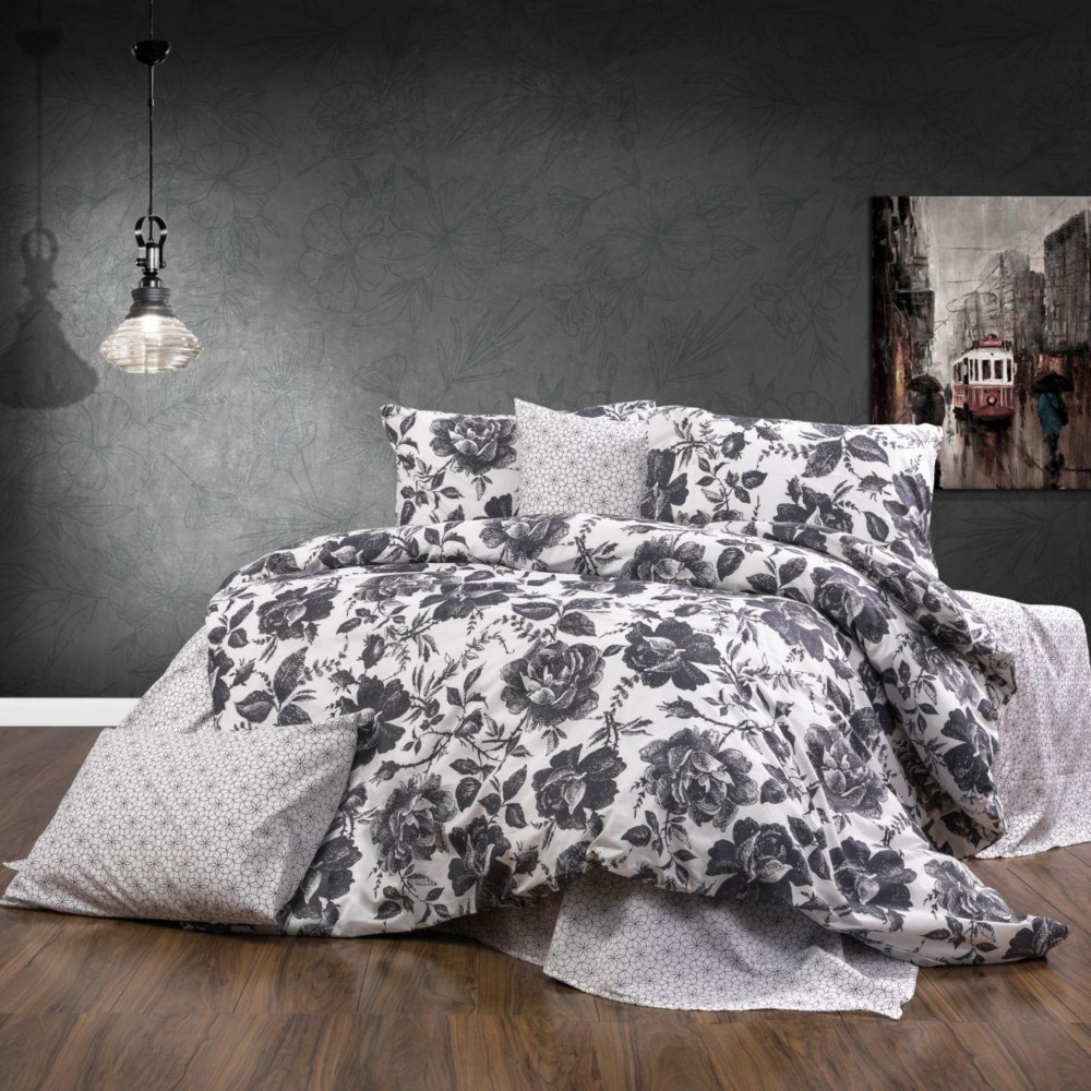 lenjerie de pat bumbac ranforce crem cu trandafiri negri lenjerie de pat bumbac ranforce crem cu trandafiri negri