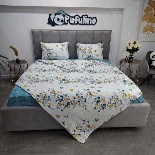 lenjerie de pat ranforce gri cu frunze