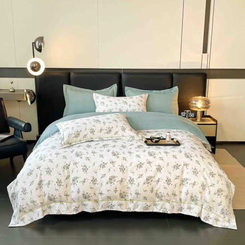 lenjerie la cutie din finet alba cu floricele turcoaz