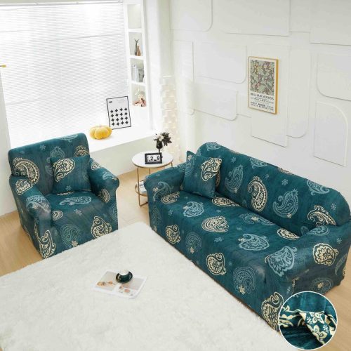 husa canapea verde cu frunze ornamentale