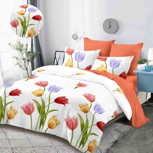 lenjerie alb portocalie cu lalele