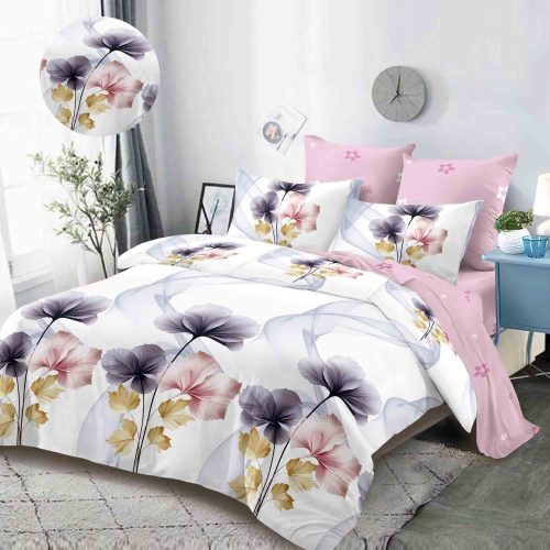 lenjerie alb roz cu flori mari