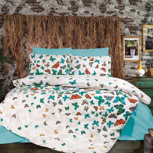 lenjerie bumbac ranforce alb turcoaz cu fluturi colorati