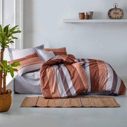 lenjerie bumbac ranforce maro cu dungi gri