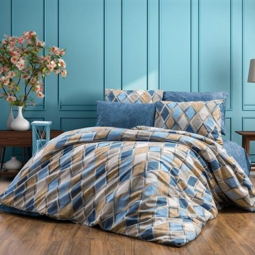 lenjerie bumbac ranforce multicolor bej albastru cu romburi