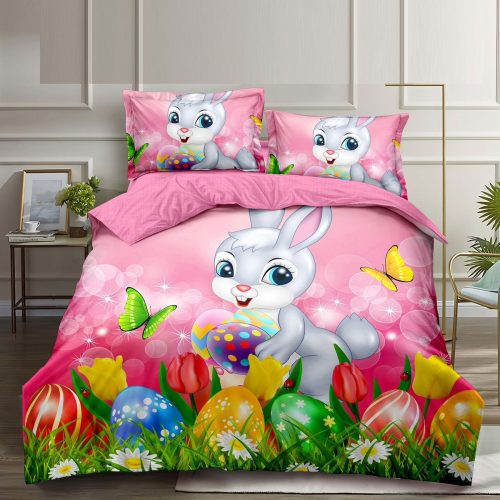 lenjerie de paste model 4 - roz cu iepuras gri si oua colorate