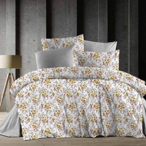 lenjerie de pat bumbac ranforce alba cu floricele galbene