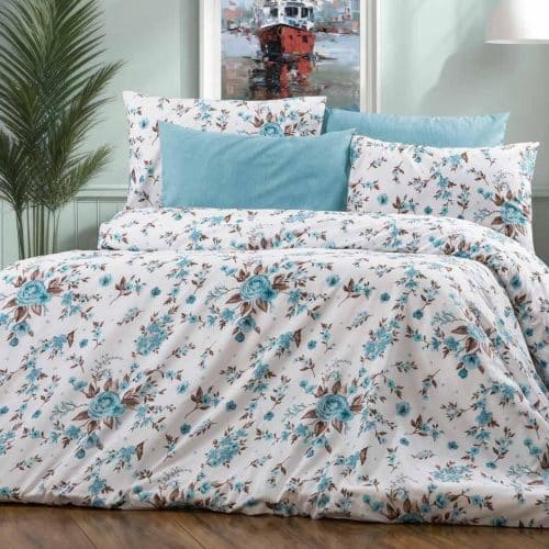 lenjerie de pat bumbac ranforce alba cu trandafiri albastrii