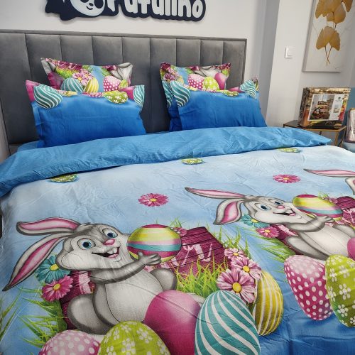lenjerie de pat finet model de paste albastra cu iepurasi