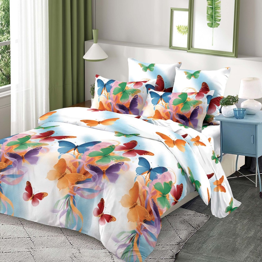 lennjerie de pat material finet alba cu fluturi multicolori lennjerie de pat material finet alba cu fluturi multicolori