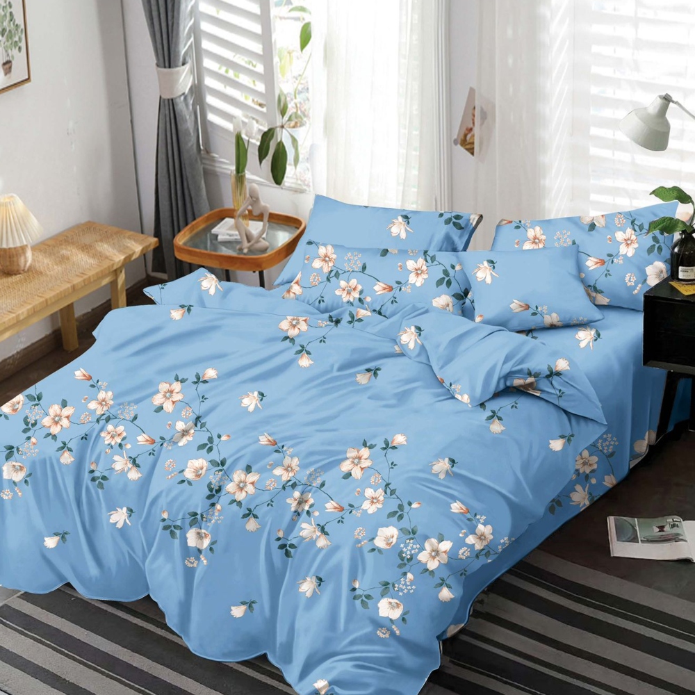 lennjerie de pat material finet bleu cu floricele lennjerie de pat material finet