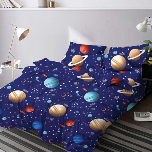 lennjerie de pat material finet cu planete