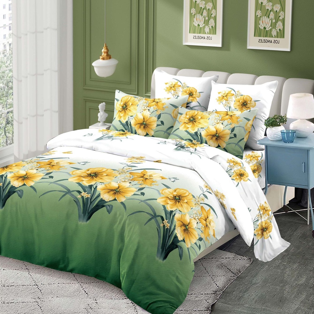 lennjerie de pat material finetverde cu floare galbena lennjerie de pat material finetverde cu floare galbena