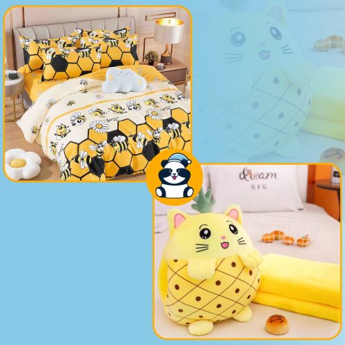 Pachet 1 persoana lenjerie galbena si jucarie Pikachu