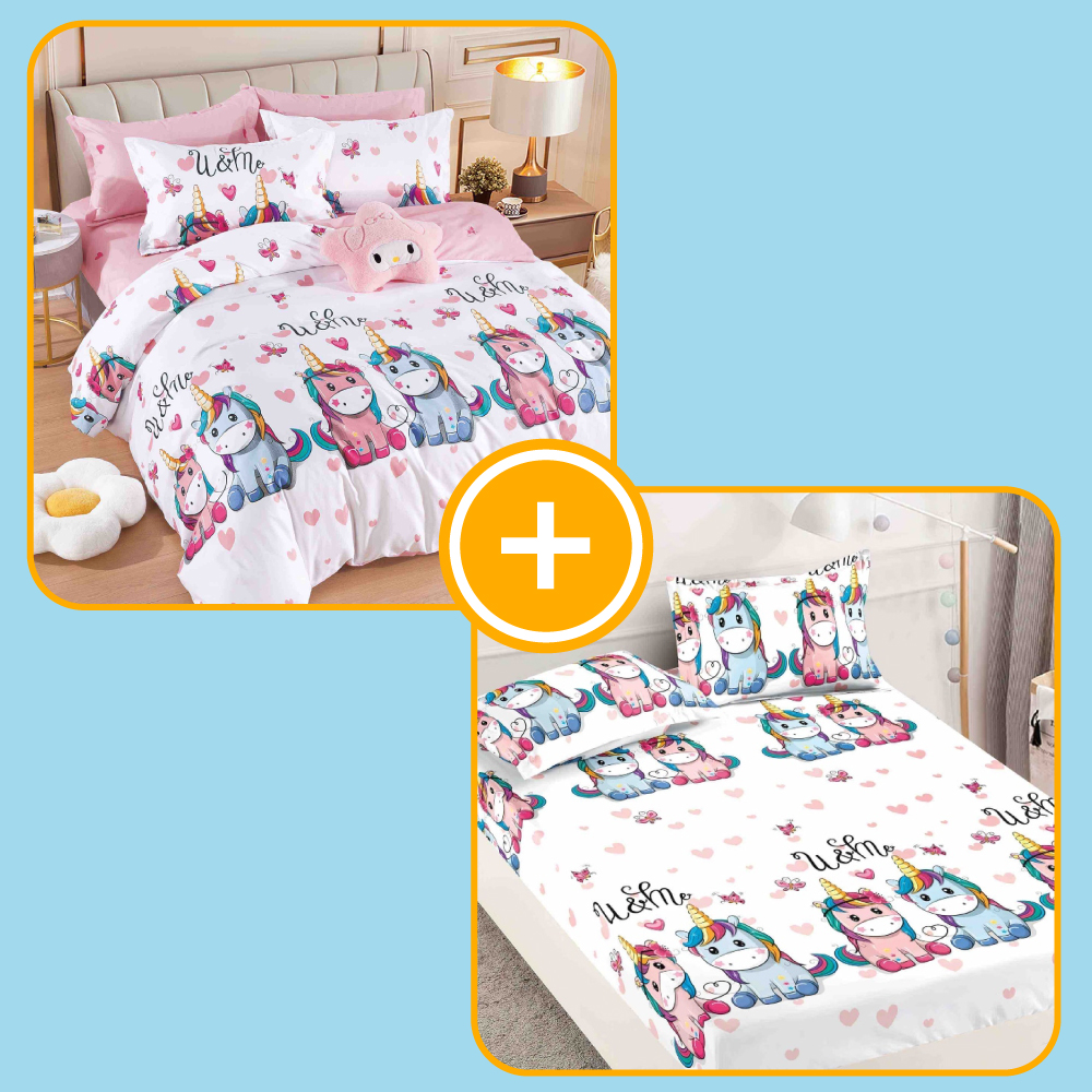 Unicorn pachet lenjerie si husa de pat 2 persoane