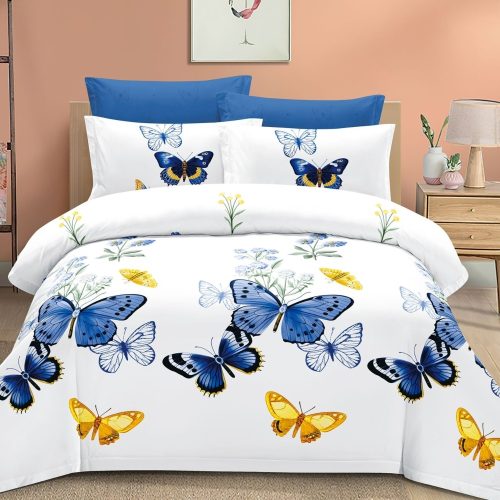 lenjerie alb albastra cu fluturi colorati