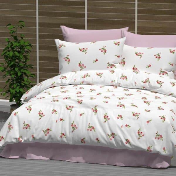 lenejrie bumbac ranforce alb roz cu floricele