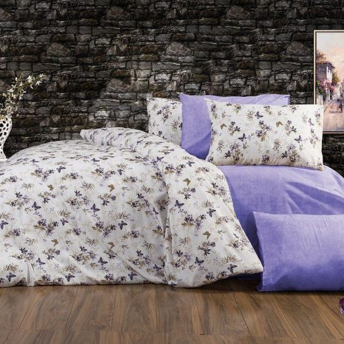 lenjerie bumbac ranforce alb mov cu fluturi