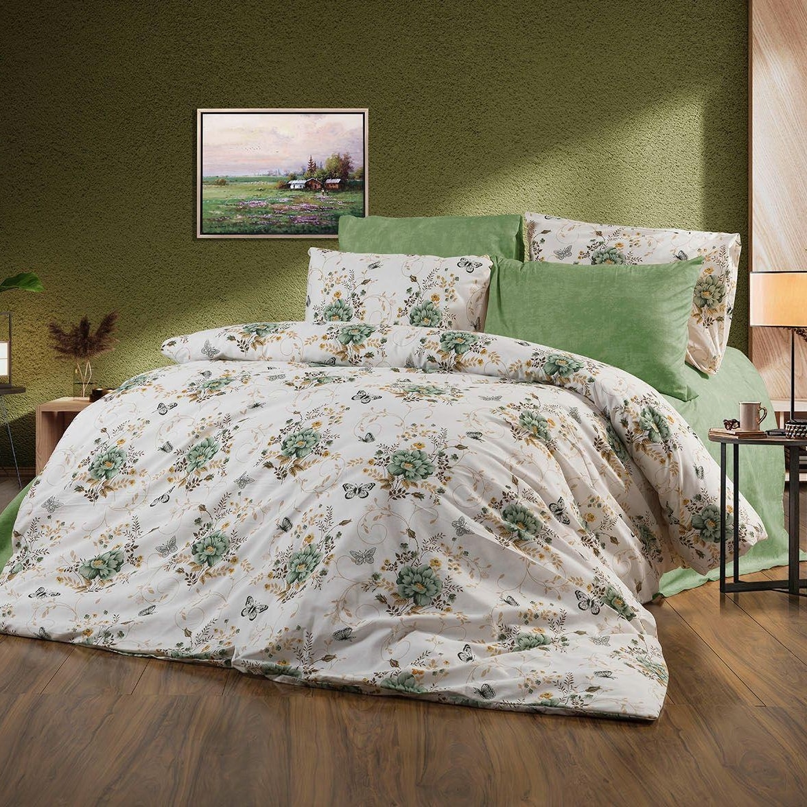 lenjerie bumbac ranforce alb verde cu trandafiri lenjerie bumbac ranforce alb verde cu trandafiri