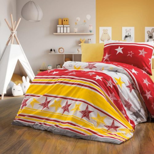 lenjerie bumbac ranforce galben rosie cu dungi stelute