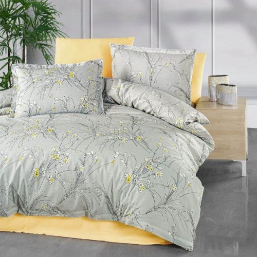 lenjerie bumbac ranforce gri galben cu floricele