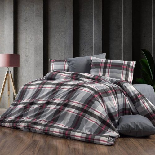 lenjerie bumbac ranforce gri rosu cu dungi