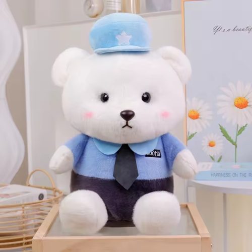 set jucarie plus + patura - ursulet alb politist uniforma albastra