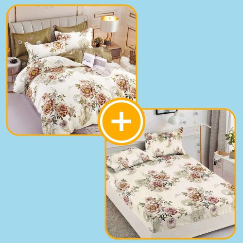 pachet husa si lenjerie bej cu trandafiri