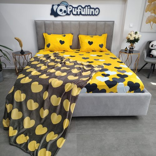 Pachet Husa si patura galbena cu inimioare negre