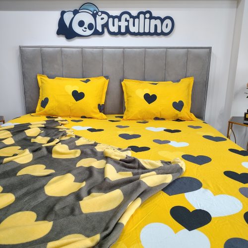 Pachet Husa si patura galbena cu inimioare negre