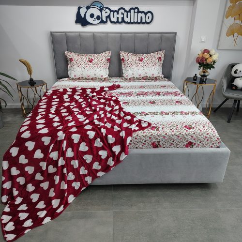 Pachet husa cu patura cocolino grena cu trandafiri si inimioare