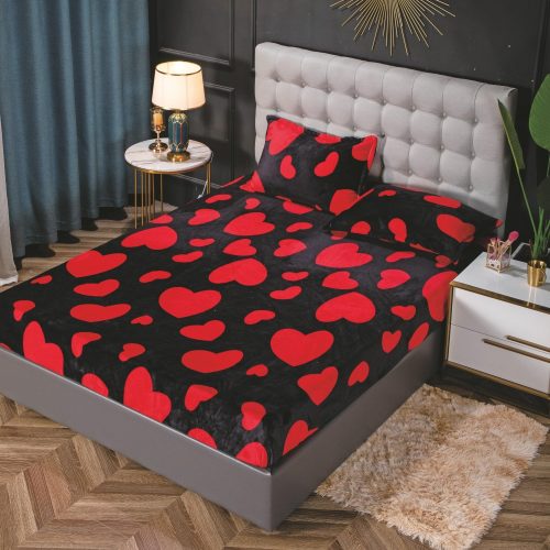 husa de pat cocolino neagra cu inimioare rosii