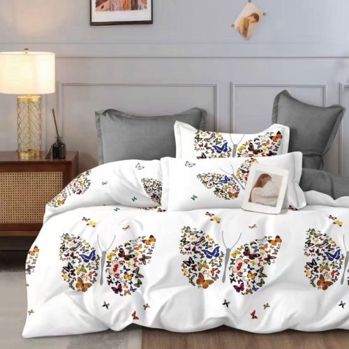 lenjerie de pat alba cu fluturasi colorati