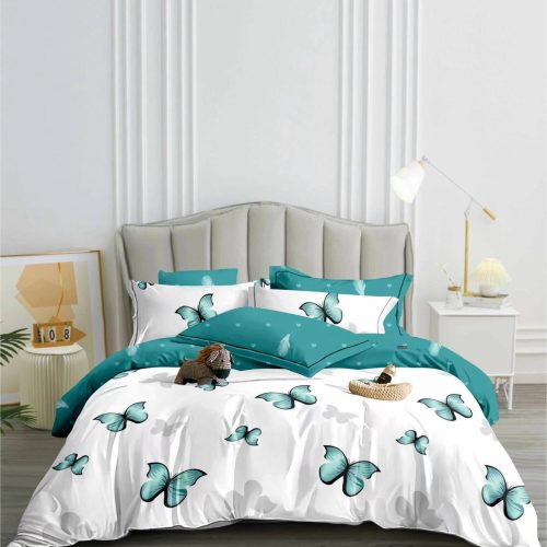 lenjerie de pat alba cu fluturi turcoaz