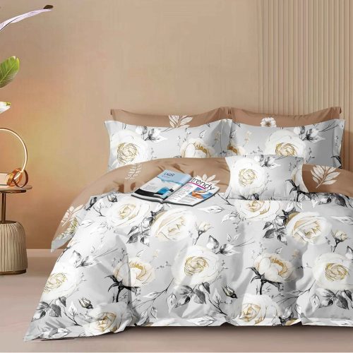 lenjerie de pat gri cu trandafiri albi