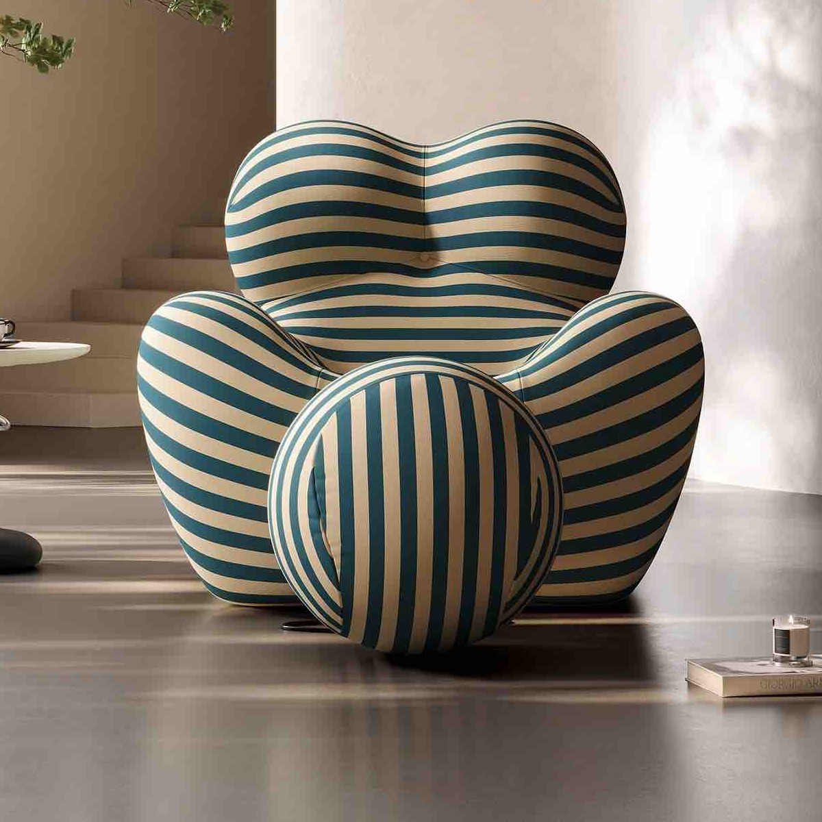 fotoliu lazy sofa cu dungi crem albastru frontal fotoliu lazy sofa cu dungi crem albastru frontal